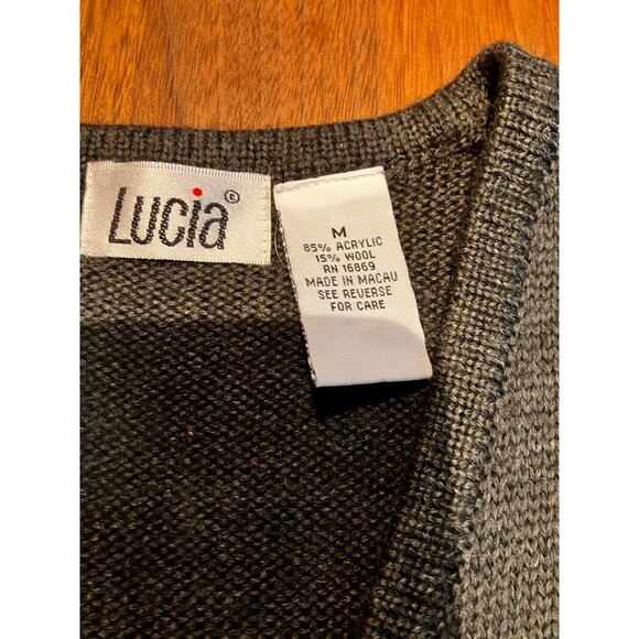 VTG LUCIA Embroidered Gray Vest, Floral Blue Purple, Button, V-neck, Wool Blend - Picture 3 of 8